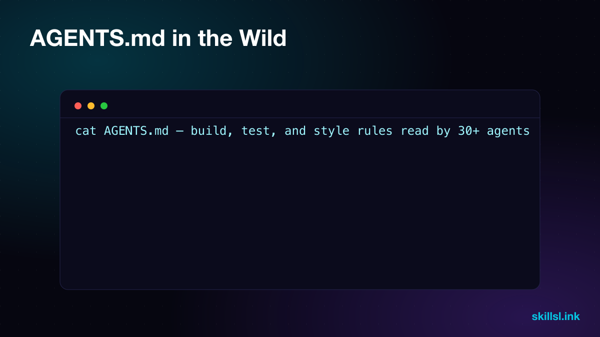 Terminal showing an AGENTS.md file being read by an AI coding agent